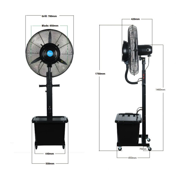Ventilator Pulverizare Apă 65 cm, Rezervor 41L, Motor 100% Cupru, 260W, 3 Viteze, Oscilație 90°, Negru