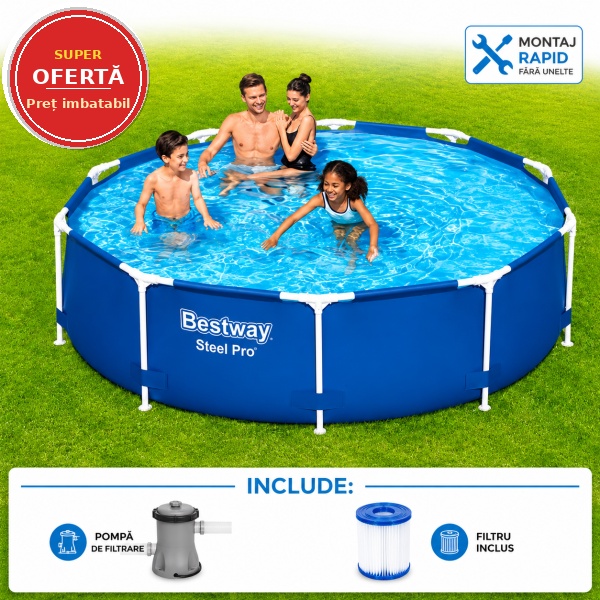 Piscina cu Pompa de Filtrare si Filtru Bestway Steel Pro, Cadru Metalic, Dimensiune 3.05m x 76cm