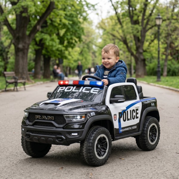 Mașină Electrică Poliție RAM Mammoth 1000 White, 2 Motoare 35W, Telecomandă 2,4 GHz, 3-8 Ani