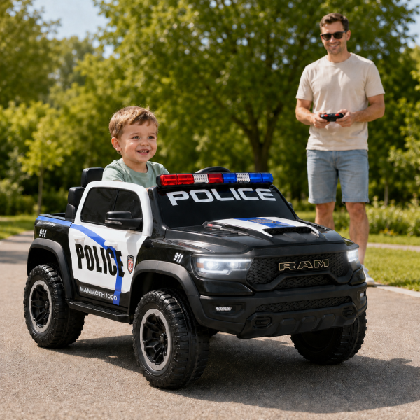 Mașină Electrică Poliție RAM Mammoth 1000 White, 2 Motoare 35W, Telecomandă 2,4 GHz, 3-8 Ani