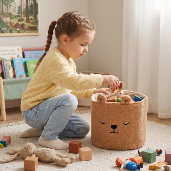 Coș Textil Depozitare Jucării Copii Moni Toys Milo Beige, Bouclé, Ursuleț Brodat, 30x30 cm, 40 L