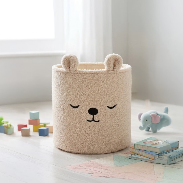 Coș Textil Depozitare Jucării Copii Moni Toys Milo Beige, Bouclé, Ursuleț Brodat, 30x30 cm, 40 L