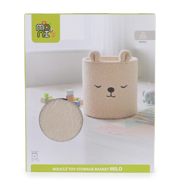 Coș Textil Depozitare Jucării Copii Moni Toys Milo Beige, Bouclé, Ursuleț Brodat, 30x30 cm, 40 L