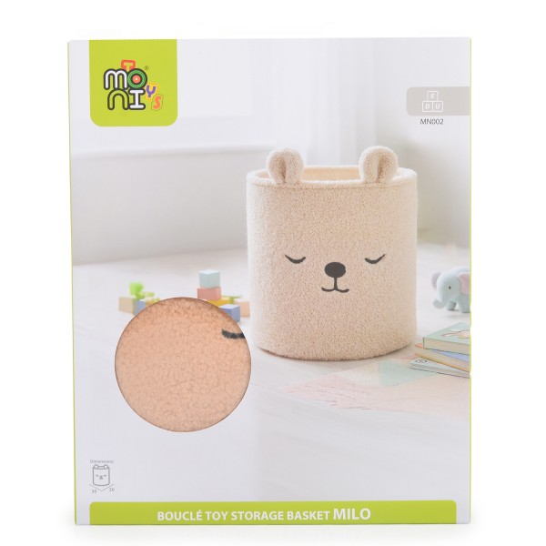Coș Textil Depozitare Jucării Copii Moni Toys Milo Ivory, Bouclé, Ursuleț Brodat, 30x30 cm, 40 L