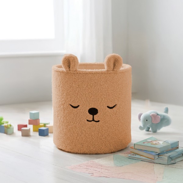 Coș Textil Depozitare Jucării Copii Moni Toys Milo Ivory, Bouclé, Ursuleț Brodat, 30x30 cm, 40 L