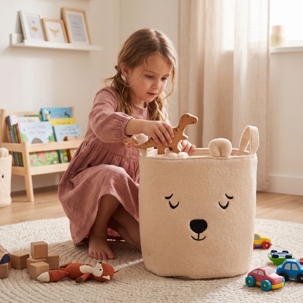 Coș Textil Depozitare Jucării Copii Moni Toys Nori Beige, Închidere Șnur, 35x45 cm, 43 L