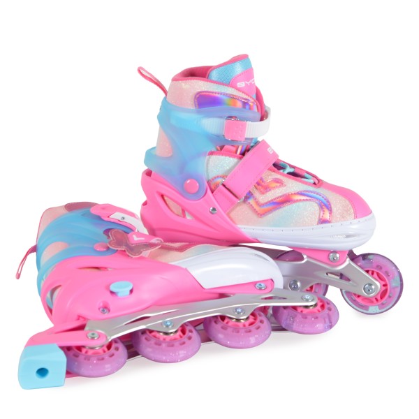 Patine cu Role Reglabile 34-37 Byox Blyss Pink, 2în1 Inline + Tri-Skate, Roată LED, Sclipici