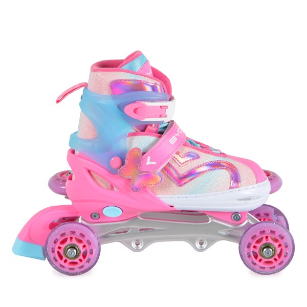 Patine cu Role Reglabile 34-37 Byox Blyss Pink, 2în1 Inline + Tri-Skate, Roată LED, Sclipici