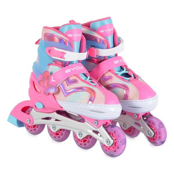 Patine cu Role Reglabile 39-41 Byox Blyss Pink, 2în1 Inline + Tri-Skate, Roată LED, Sclipici