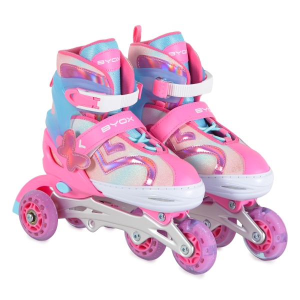 Patine cu Role Reglabile 34-37 Byox Blyss Pink, 2în1 Inline + Tri-Skate, Roată LED, Sclipici