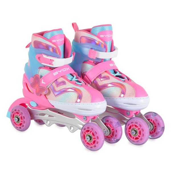 Patine cu Role Reglabile 34-37 Byox Blyss Pink, 2în1 Inline + Tri-Skate, Roată LED, Sclipici