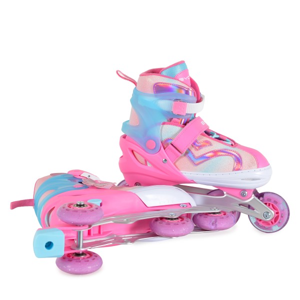 Patine cu Role Reglabile 34-37 Byox Blyss Pink, 2în1 Inline + Tri-Skate, Roată LED, Sclipici