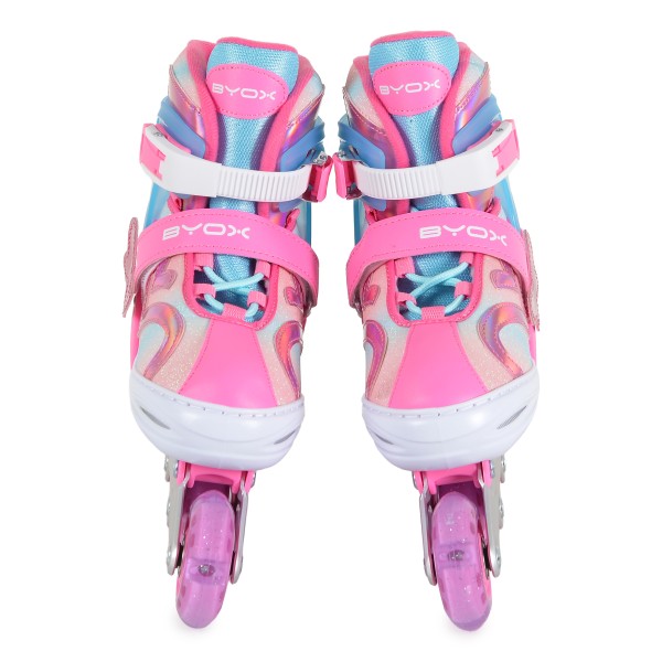 Patine cu Role Reglabile 34-37 Byox Blyss Pink, 2în1 Inline + Tri-Skate, Roată LED, Sclipici