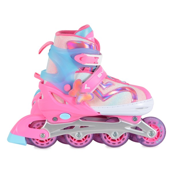 Patine cu Role Reglabile 34-37 Byox Blyss Pink, 2în1 Inline + Tri-Skate, Roată LED, Sclipici