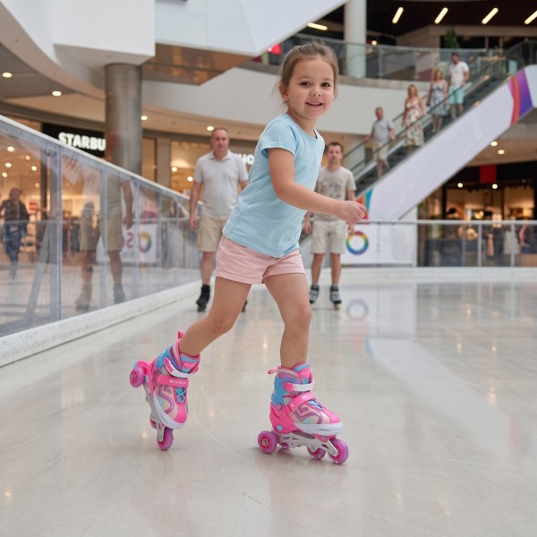 Patine cu Role Reglabile 34-37 Byox Blyss Pink, 2în1 Inline + Tri-Skate, Roată LED, Sclipici
