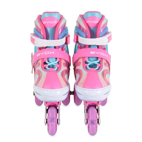 Patine cu Role Reglabile 34-37 Byox Blyss Pink, 2în1 Inline + Tri-Skate, Roată LED, Sclipici