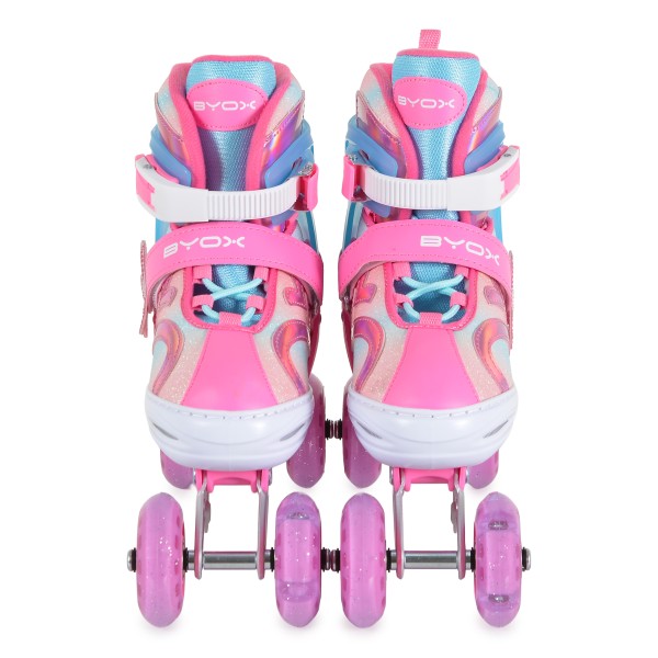 Patine cu Role Reglabile 34-37 Byox Blyss Pink, 2în1 Inline + Tri-Skate, Roată LED, Sclipici