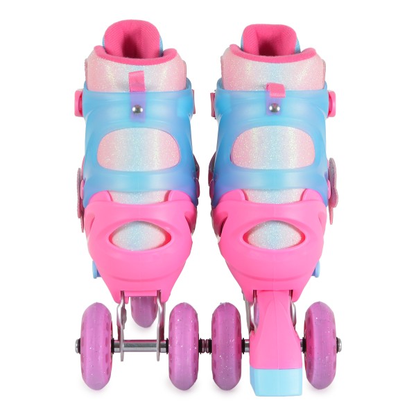 Patine cu Role Reglabile 34-37 Byox Blyss Pink, 2în1 Inline + Tri-Skate, Roată LED, Sclipici