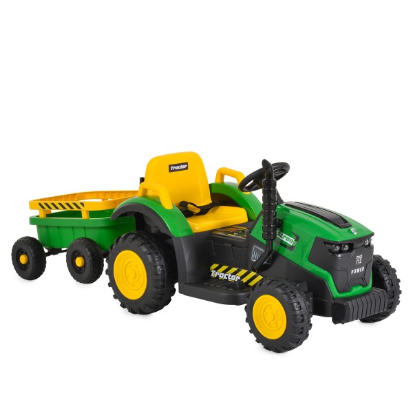 Tractor Electric Moni Terron Green cu Remorcă și Lopată, 12V, 3 Viteze, Telecomandă 2.4 GHz, 3-8 Ani