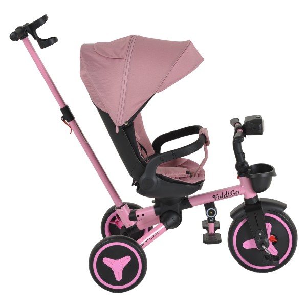 Tricicleta Pliabila Byox FoldiGo Pink, Șezut Rotativ 360°, 2 Moduri, Copertină 3 Secțiuni, 12-60 Luni