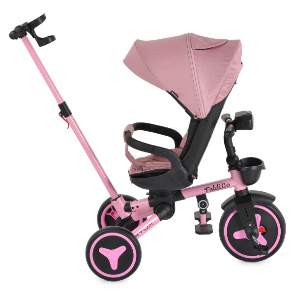 Tricicleta Pliabila Byox FoldiGo Pink, Șezut Rotativ 360°, 2 Moduri, Copertină 3 Secțiuni, 12-60 Luni