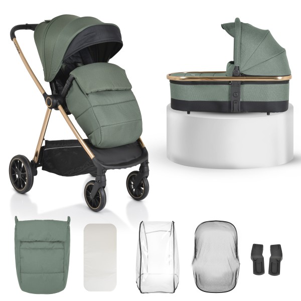 Cărucior 2în1 Cangaroo Hydra Green, Aluminiu, Coșuleț Nou-Născut, Ham 5 Puncte, Adaptor Maxi-Cosi, 0-4 Ani
