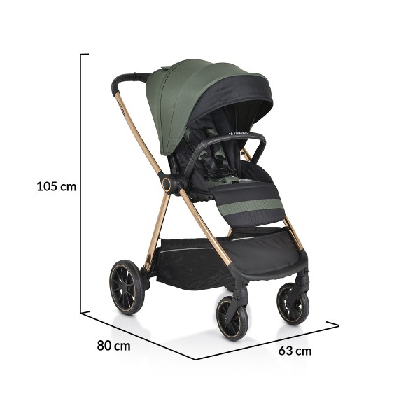 Cărucior 2în1 Cangaroo Hydra Green, Aluminiu, Coșuleț Nou-Născut, Ham 5 Puncte, Adaptor Maxi-Cosi, 0-4 Ani