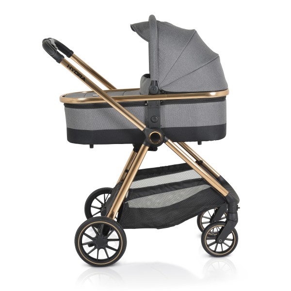 Cărucior 2în1 Cangaroo Hydra Grey, Aluminiu, Coșuleț Nou-Născut, Ham 5 Puncte, Adaptor Maxi-Cosi, 0-4 Ani