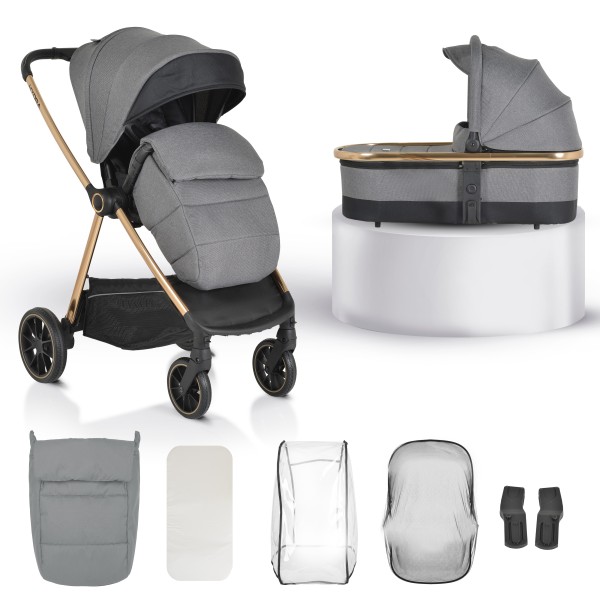 Cărucior 2în1 Cangaroo Hydra Grey, Aluminiu, Coșuleț Nou-Născut, Ham 5 Puncte, Adaptor Maxi-Cosi, 0-4 Ani