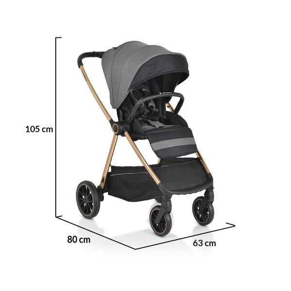Cărucior 2în1 Cangaroo Hydra Grey, Aluminiu, Coșuleț Nou-Născut, Ham 5 Puncte, Adaptor Maxi-Cosi, 0-4 Ani