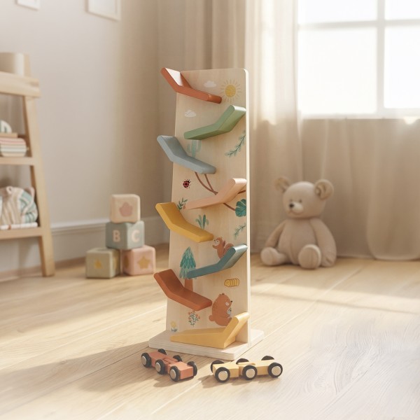 Jucărie Educativă din Lemn Moni Toys — Pistă de Curse cu Rampe, 2 Mașinuțe, 3 Ani+