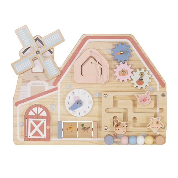 Tablă Educativă Montessori din Lemn Moni Toys, Casă de Fermă, Moară, Roți Dințate, Labirint, 3 Ani+