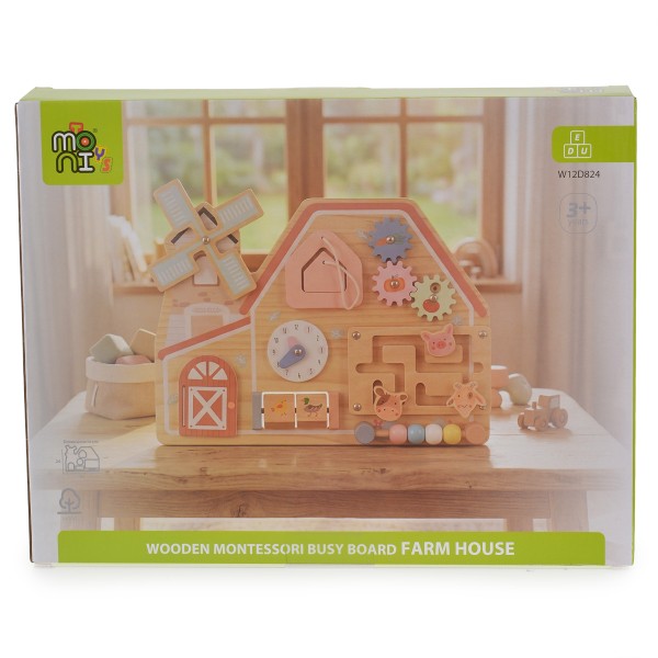 Tablă Educativă Montessori din Lemn Moni Toys, Casă de Fermă, Moară, Roți Dințate, Labirint, 3 Ani+
