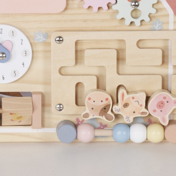 Tablă Educativă Montessori din Lemn Moni Toys, Casă de Fermă, Moară, Roți Dințate, Labirint, 3 Ani+