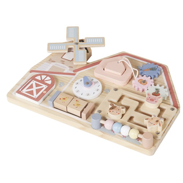 Tablă Educativă Montessori din Lemn Moni Toys, Casă de Fermă, Moară, Roți Dințate, Labirint, 3 Ani+