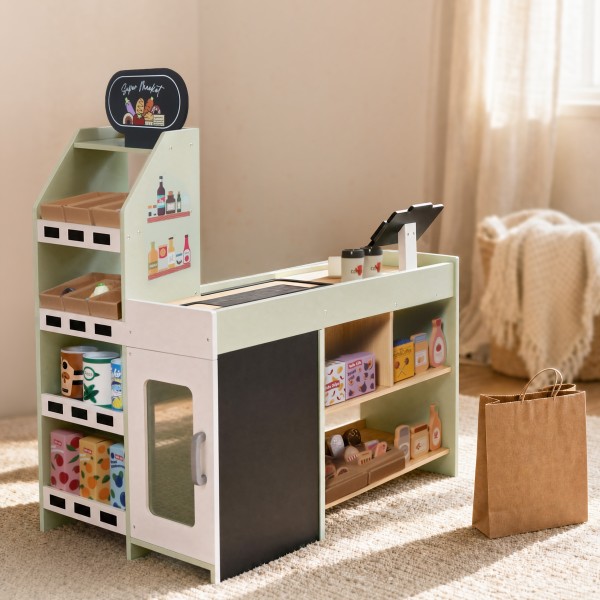 Magazin de Jucărie din Lemn Moni Toys, Tejghea cu Casă de Marcat, Alimente, Bancnote, Set Complet, 3 Ani+
