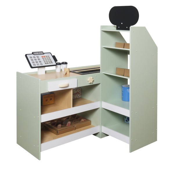 Magazin de Jucărie din Lemn Moni Toys, Tejghea cu Casă de Marcat, Alimente, Bancnote, Set Complet, 3 Ani+