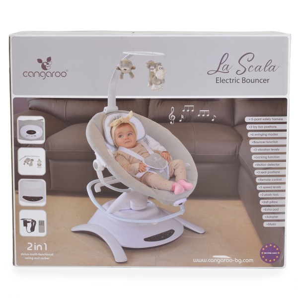 Leagăn Electric Cangaroo La Scala Beige, 6 Moduri, 5 Viteze, Rotativ 360°, Telecomandă, 12 Melodii, 0-9 kg