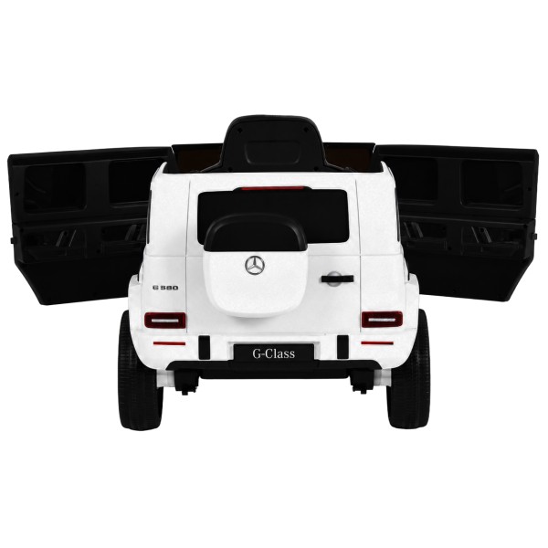 Mașină Electrică Mercedes-Benz G580 White pentru Copii, 12V, Telecomandă 2.4 GHz, Bluetooth, Scaun din Piele, Anvelope EVA, 3-8 Ani