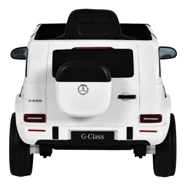 Mașină Electrică Mercedes-Benz G580 White pentru Copii, 12V, Telecomandă 2.4 GHz, Bluetooth, Scaun din Piele, Anvelope EVA, 3-8 Ani