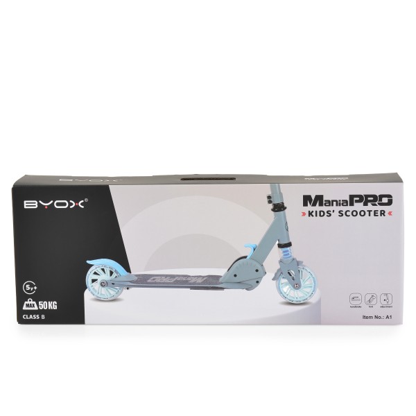 Trotinetă Pliabilă Byox ManiaPro Blue, Roți LED 125mm, Frână Dublă, Suspensie Față, Ghidon Reglabil, 5+ Ani, Max 50 kg