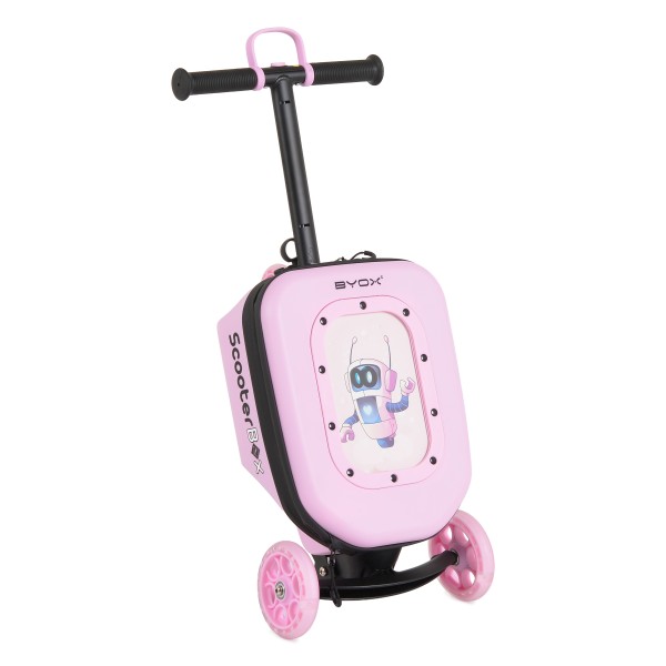 Trotinetă 2în1 Byox ScooterBox Pink, Geantă Depozitare Extensibilă, Compartiment Desen A5, Roți LED, Ghidon Reglabil, 2-5 Ani