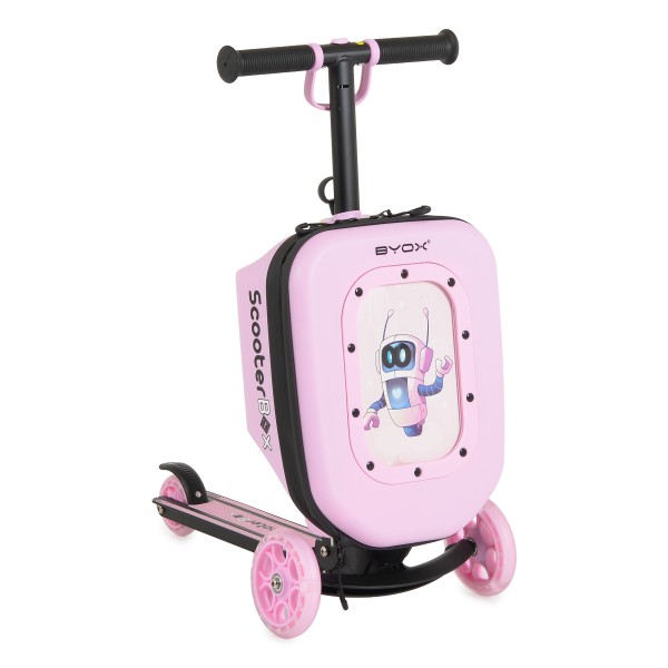 Trotinetă 2în1 Byox ScooterBox Pink, Geantă Depozitare Extensibilă, Compartiment Desen A5, Roți LED, Ghidon Reglabil, 2-5 Ani