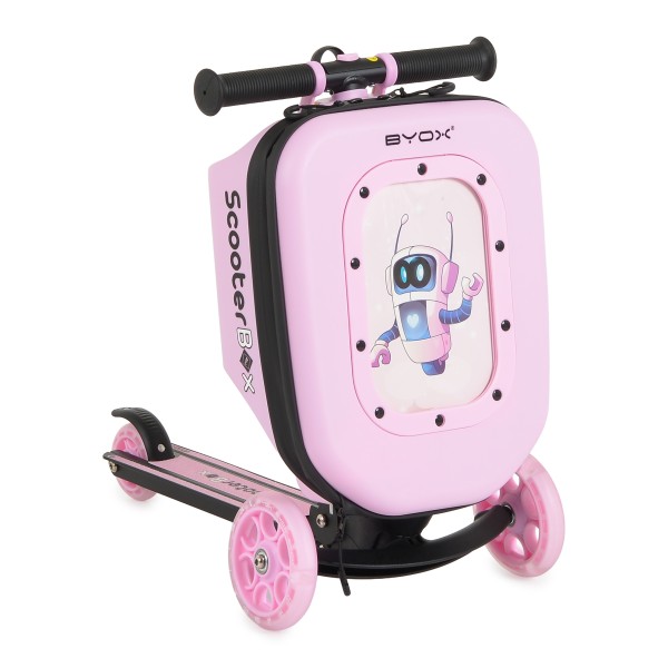 Trotinetă 2în1 Byox ScooterBox Pink, Geantă Depozitare Extensibilă, Compartiment Desen A5, Roți LED, Ghidon Reglabil, 2-5 Ani