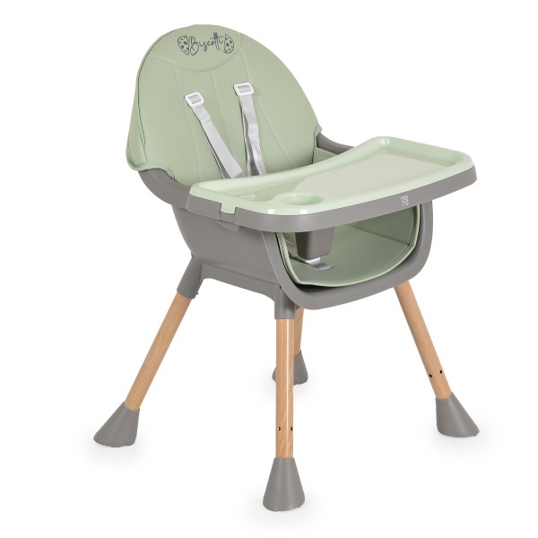 Scaun de Masă 2în1 Moni Biscotti Mint, Tapițerie PU, Ham 5 Puncte, Tavă Dublă Detașabilă, 6 Luni – 20 kg