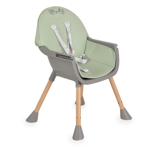 Scaun de Masă 2în1 Moni Biscotti Mint, Tapițerie PU, Ham 5 Puncte, Tavă Dublă Detașabilă, 6 Luni – 20 kg