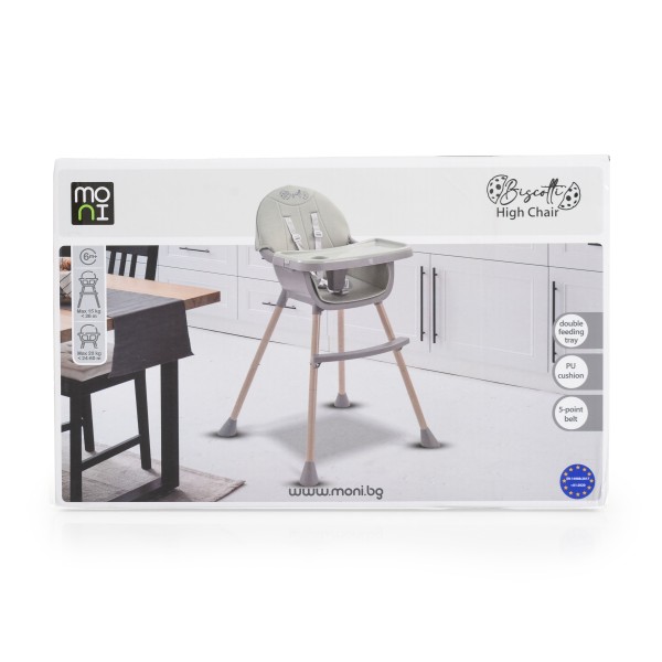 Scaun de Masă 2în1 Moni Biscotti Mint, Tapițerie PU, Ham 5 Puncte, Tavă Dublă Detașabilă, 6 Luni – 20 kg