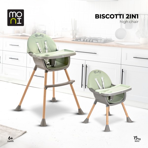 Scaun de Masă 2în1 Moni Biscotti Mint, Tapițerie PU, Ham 5 Puncte, Tavă Dublă Detașabilă, 6 Luni – 20 kg