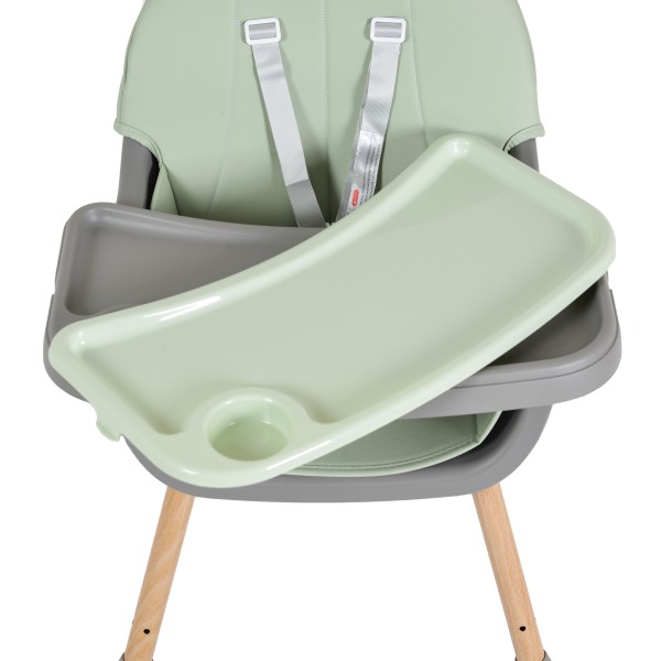 Scaun de Masă 2în1 Moni Biscotti Mint, Tapițerie PU, Ham 5 Puncte, Tavă Dublă Detașabilă, 6 Luni – 20 kg