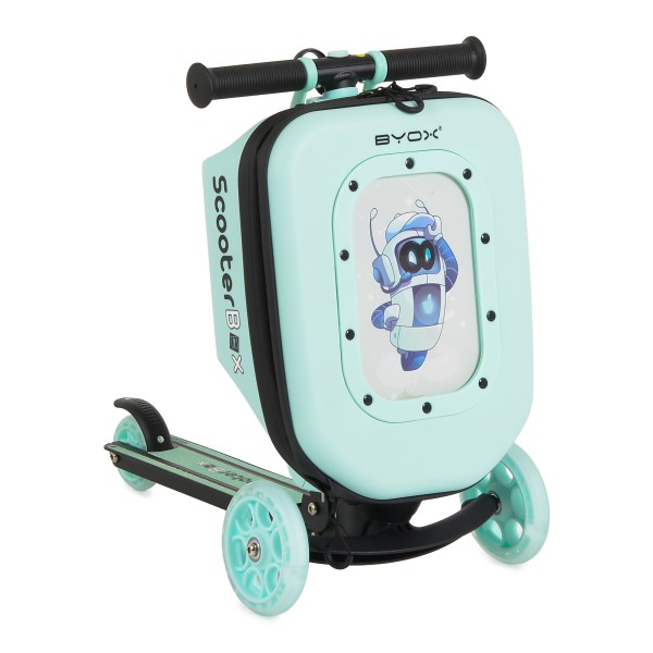 Trotinetă 2în1 Byox ScooterBox Mint, Geantă Depozitare Extensibilă, Compartiment Desen A5, Roți LED, Ghidon Reglabil, 2-5 Ani